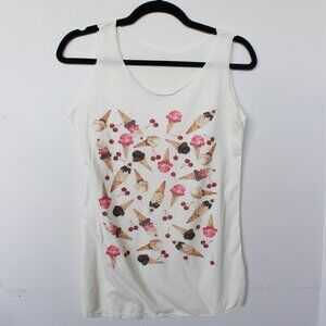 Digital Ice Cream Print Cream Raw Hem 100% Cotton Tank Top S/M
